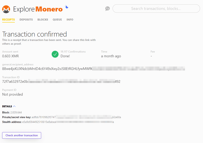 monero transaction receipt