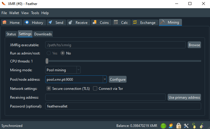 feather wallet xmr mining